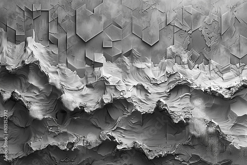 A grayscale abstract depicting hexagonal waves crashing against a textured, stormy gray shoreline