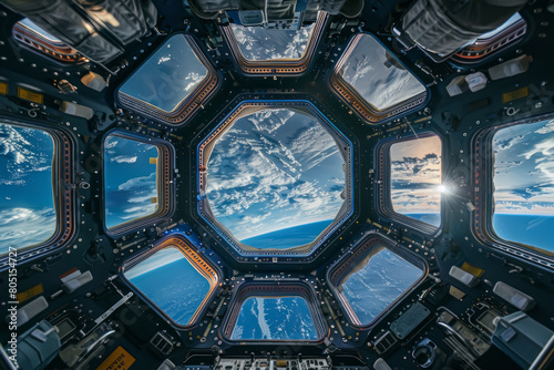 View from a spaceship's cupola on Earth, showcasing a stunning orbital perspective with a clear view of the planet.