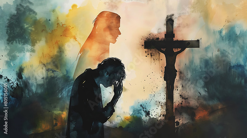 Digital Watercolor Painting: Christian Man Praying at Cross with Jesus Silhouette