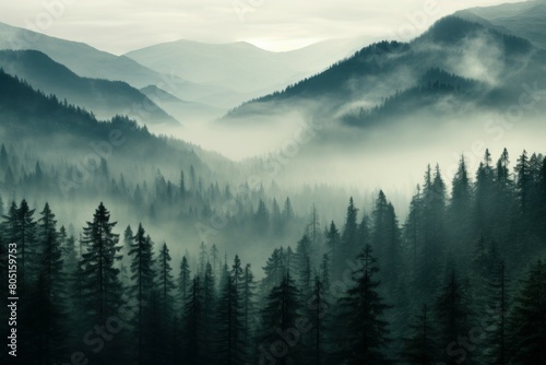 Elusive Mountain foggy view. Mist hill. Generate Ai