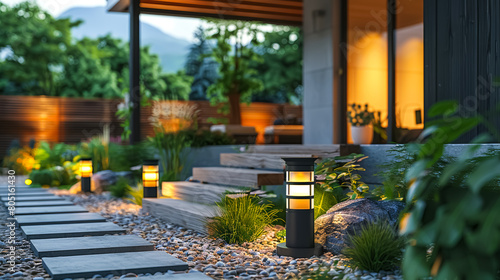Solar lamp in the backyard of a house mounted on an outdoor garden wall illuminating the pathway leading to the entrance