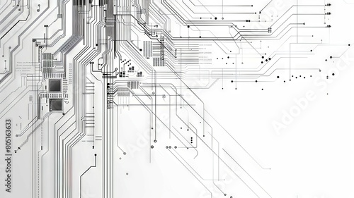 This image depicts a minimalist and abstract representation of electrical circuits and technical schematics The design features clean monochrome line drawings of various interconnected components