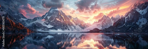 A breathtaking view of towering snow-capped mountains reflects upon the pristine surface of an alpine lake during the golden hour. The high-contrast details create a sense of awe and wonder, evoking