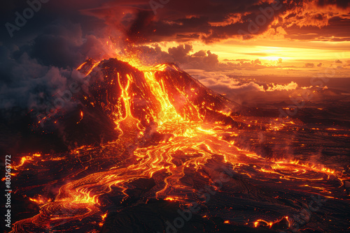 A fiery volcanic eruption shaping the Earth's surface, releasing molten lava and ash into the atmosphere, forming new landmasses over millennia. Concept of geological upheaval. Generative Ai.
