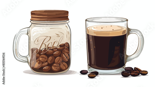 Mason jar and glass mug of tasty aromatic coffee on white