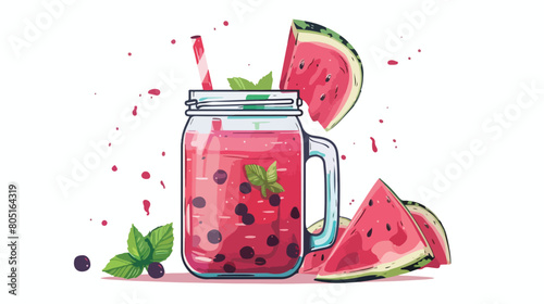 Mason jar of fresh watermelon smoothie on white background