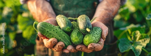 cucumbers in the hands of a man. selective focus
