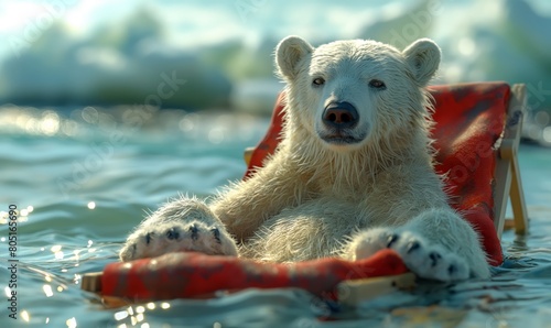Children's illustration, a polar bear sunbathing on a sunbed.