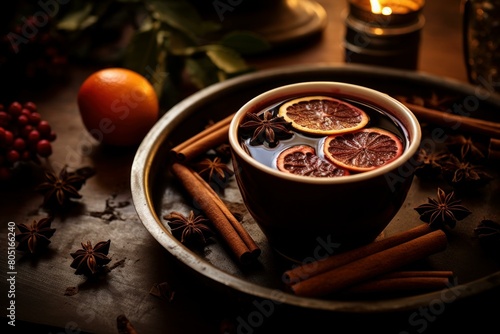 Full-bodied Mulled wine cinnamon. Fruit glass. Generate Ai