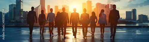 A group of business professionals is walking towards the sunset in a major city