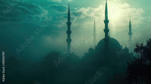 Mosque silhouette against teal color background