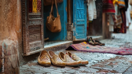 Moroccan babouche slippers on the floor in a street in Marrakech
