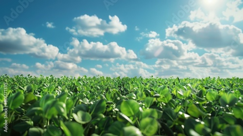 A vast green soy crop on a sunny day