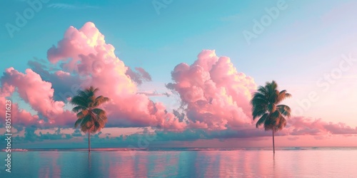 Two trees are in the water, with the sky above them being pink