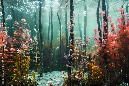 An underwater photograph of tall kelp forests with pink flowers growing on the trees. Ai generated