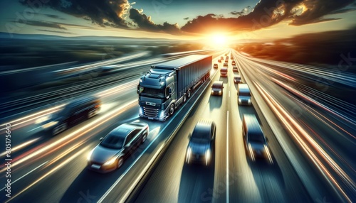 Truck Leading Traffic on Busy Highway at Sunset 