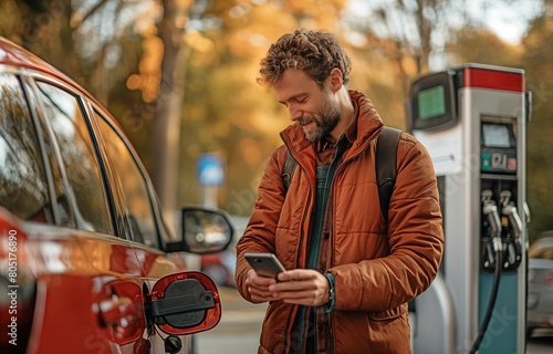 An individual pays using his smartphone after filling up his car.