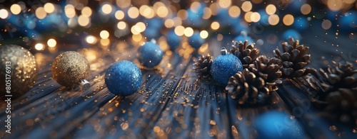 Elegant Christmas decorations featuring blue baubles and golden lights on a wooden surface.