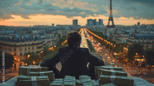 A man sits on a bed with stacks of money in front of him