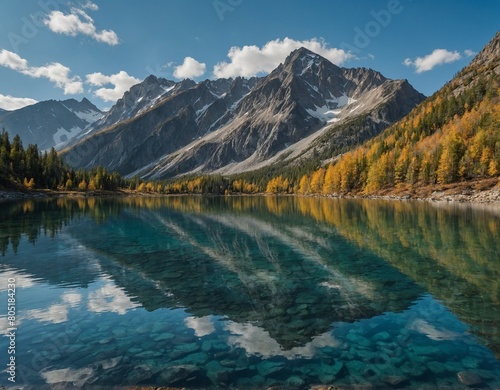 Marvel at the tranquility of a mountain lake landscape, with crystal-clear water reflecting the surrounding peaks. 