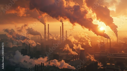 smoke billowing from a factory chimney at sunset, 