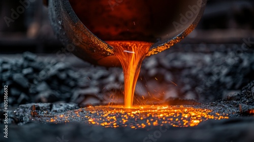 Molten steel pours from the metallurgical ladle in the industrial plant, showcasing the precision of metallurgical production