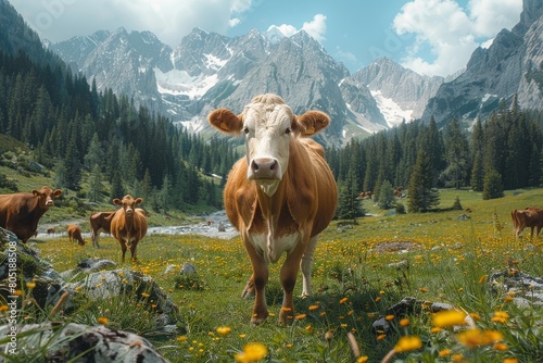 A stunning cow stands out among lush alpine meadows, highlighting the peaceful yet vibrant life of alpine flora and fauna