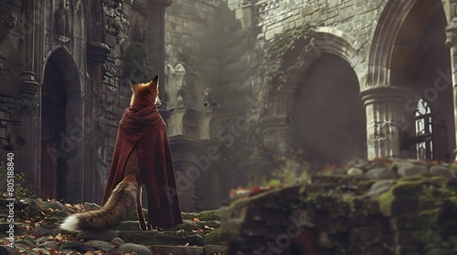 A cunning fox, draped in a cloak of midnight velvet, stealthily navigates the labyrinthine corridors of an ancient castle, its keen senses alert for any sign of danger.