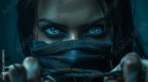  blue eyes peeking out, black fabric concealing the rest Her hand holds a length of barbed wire, pressed against her cheek