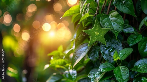 A tight shot of a glistening green leafy plant, adorned with water droplets, under a radiant backlight