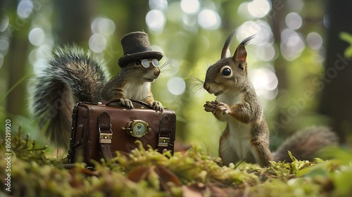 A mischievous squirrel, sporting a tiny monocle and bowler hat, scampers across the lush forest floor, a miniature briefcase clutched tightly in its paws.