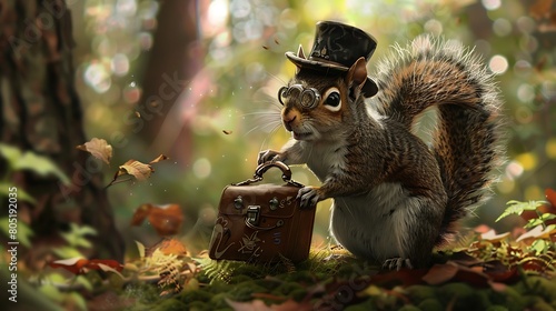 A mischievous squirrel, sporting a tiny monocle and bowler hat, scampers across the lush forest floor, a miniature briefcase clutched tightly in its paws.