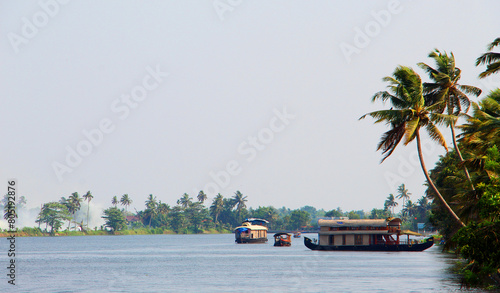 Houseboats in backwaters, Alleppey Alappuzha, Kerala, India. Houseboat on Kerala backwaters. Traditional Indian houseboat.
