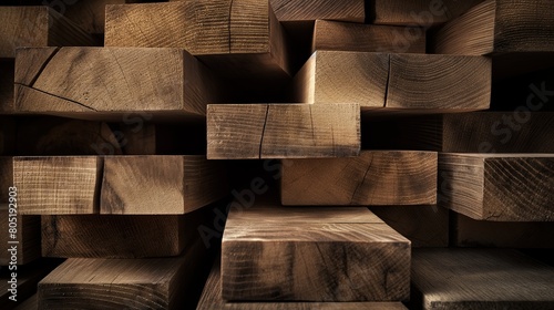 Stack of oak wooden beams and boards