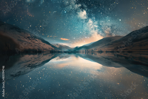 A serene lake where the surface reflects not the sky, but an entire galaxy, with stars and nebulae.