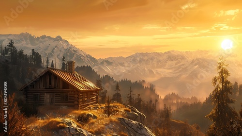Bathed in the golden glow of sunset, a timber cabin stands sentinel on the mountainside, its sturdy frame a testament to resilience in the face of nature's fury.