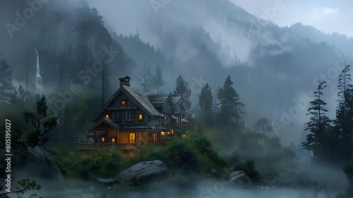 Bathed in the soft light of dawn, a mountain retreat emerges from the mists like a dream, its rustic charm a welcome sight amidst the wilderness, a haven for weary travelers.