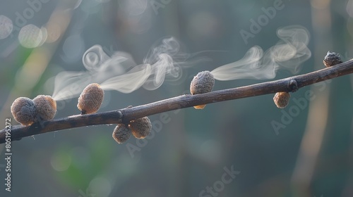  A tree branch in focus, sporting smoke ascending from its tip, adorned with tiny buds at its extremity