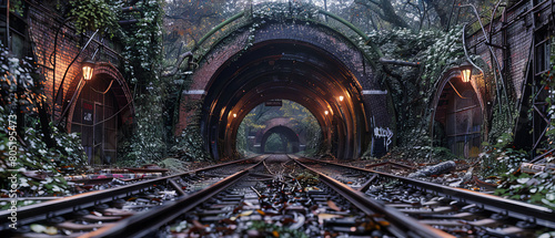 Enchanting railway tunnel through a lush forest, a path leading into a verdant, mysterious landscape