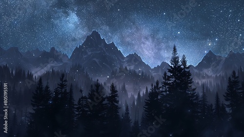 Beneath a canopy of stars, the mountains stand sentinel, their rugged peaks silhouetted against the night sky, while the forest below slumbers in tranquil repose.