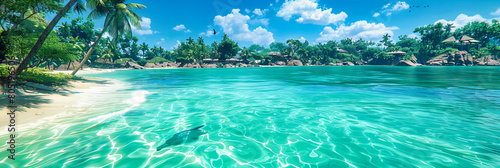 Exotic tropical beach with palm trees, clear blue waters under a sunny sky, perfect for relaxation