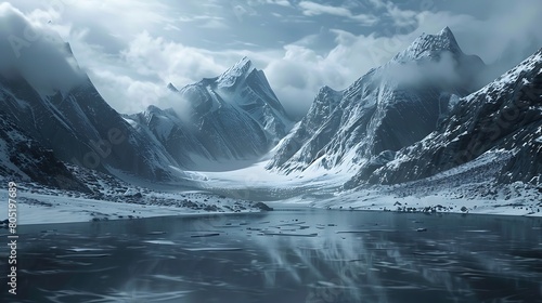 Enter a realm of frozen splendor, where mountains rise in majestic silence and rivers flow with quiet determination. Witness the beauty of this 8K landscape, 