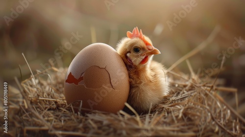 A cute baby chicken hatched from an egg.