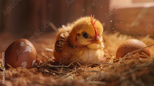 A cute baby chicken sits in a nest of hay next to a broken brown egg.