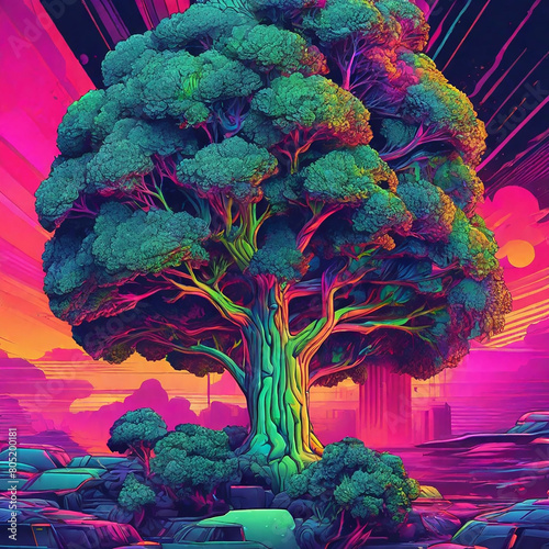 broccoli tree, graphics, synth wave, bright neon colors, detailing, t-shirt print idea (1)