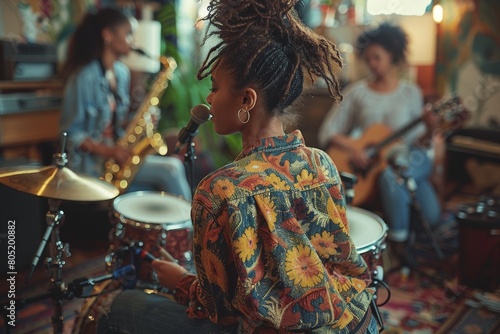 An artistically dressed young drummer with dreadlocks engaged in a band rehearsal in a boho-chic decor studio setup
