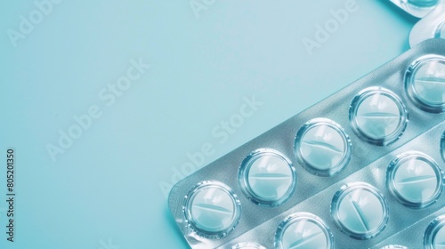 Closeup of a stressrelief pill pack with blister packaging, focusing on the texture of the pills against a calm, pastel blue backdrop