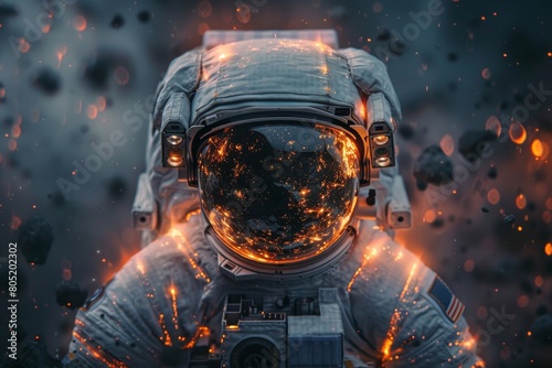 A stunning visual of an astronaut with the universe reflected in the visor amidst floating embers