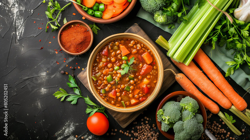 Lentil Stew with Vegetables, in ceramic pot Cooked lentils, Carrots. Celery, Crushed tomato