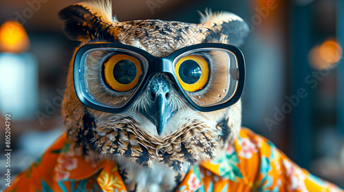 Owl Wearing snorkel masks and flippers, ready for a dive. dressed in a Hawaiian shirt, on the beach